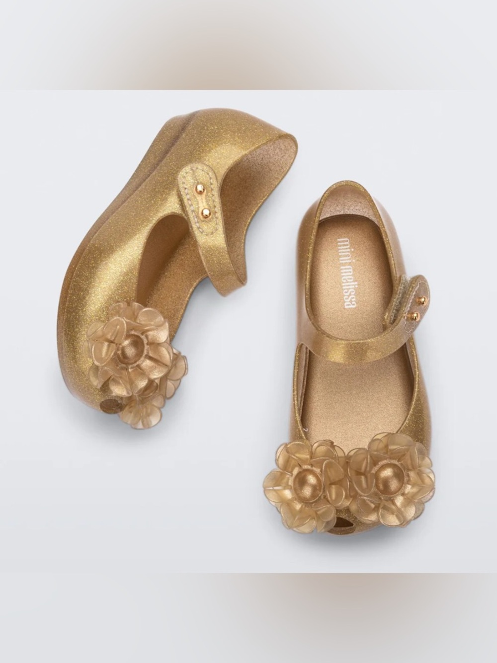 Mini Melissa Girls' Gold Glitter Mary Janes with Floral Appliques